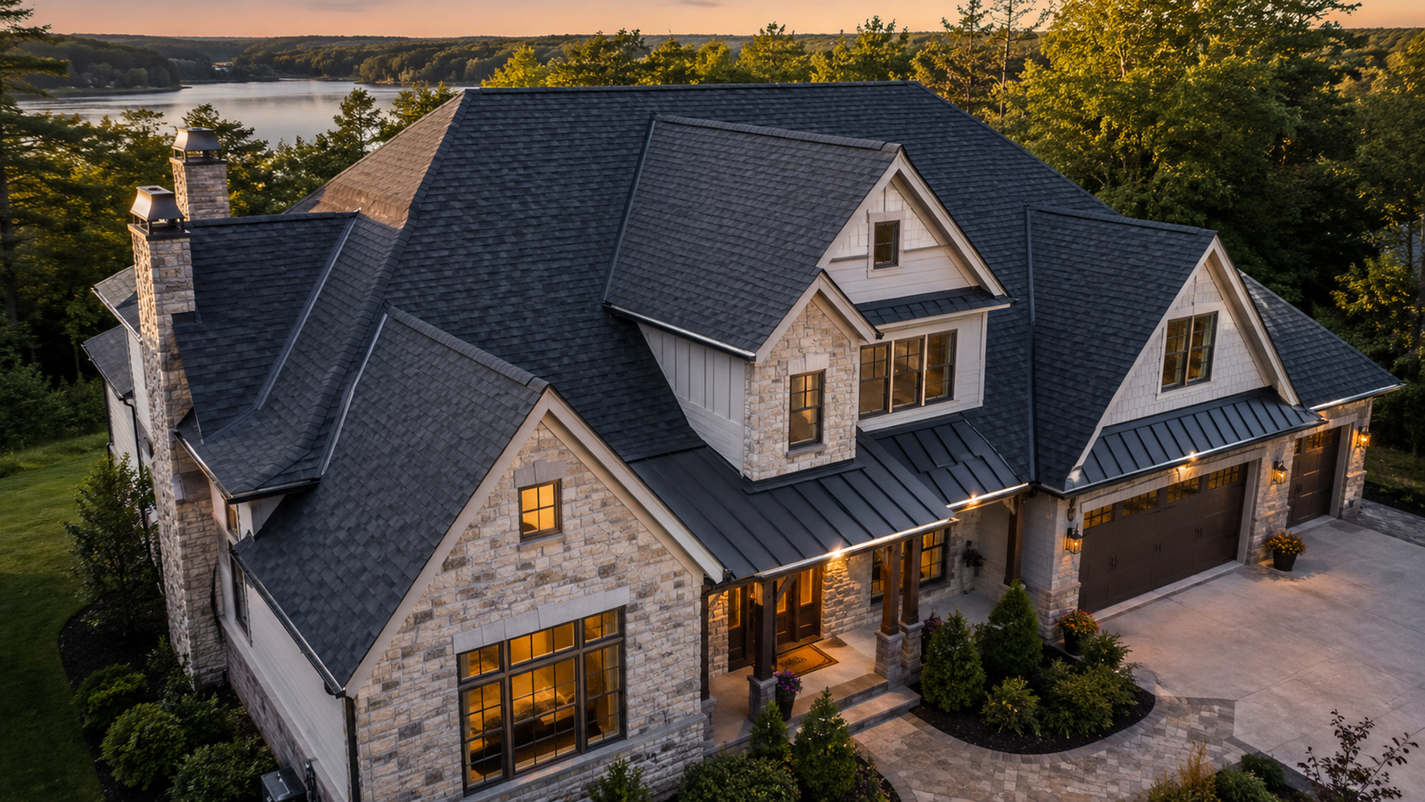 Premium lakeside home with a professionally installed roof at golden hour