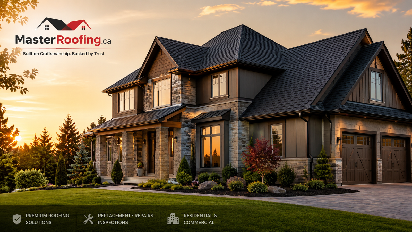 Branded premium roofing image showing a luxury home at sunset