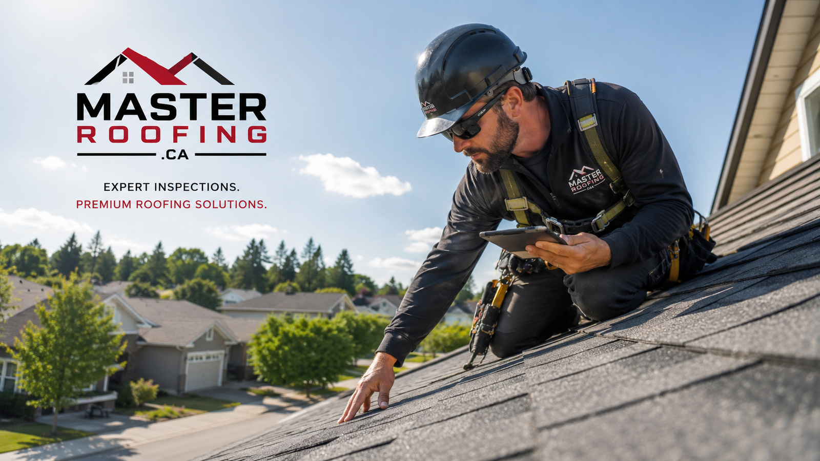 Roof inspection image showing a roofer on a suburban home roof