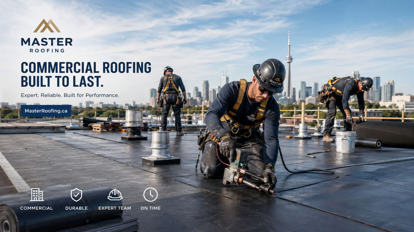Commercial roofing crew working on a flat roof with city skyline